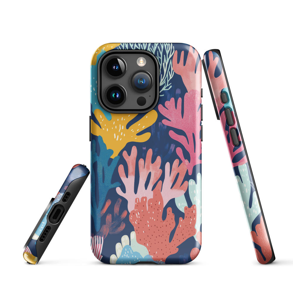 Colourful coral reef phone case design in pink, blue and yellow by NZ artist Ben Hart