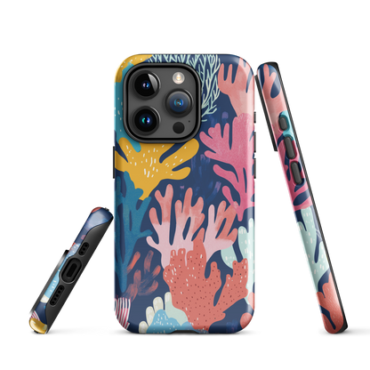 Colourful coral reef phone case design in pink, blue and yellow by NZ artist Ben Hart