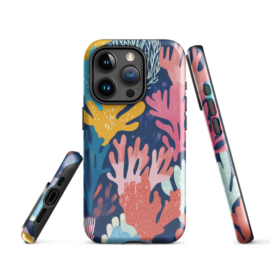 Colourful coral reef phone case design in pink, blue and yellow by NZ artist Ben Hart