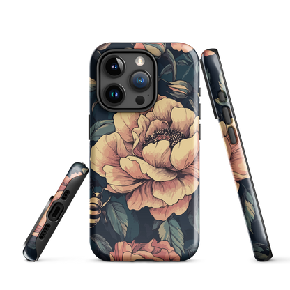 Phone case with vintage-style pink roses and bees on dark background, floral New Zealand artwork.