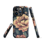 Phone case with vintage-style pink roses and bees on dark background, floral New Zealand artwork.