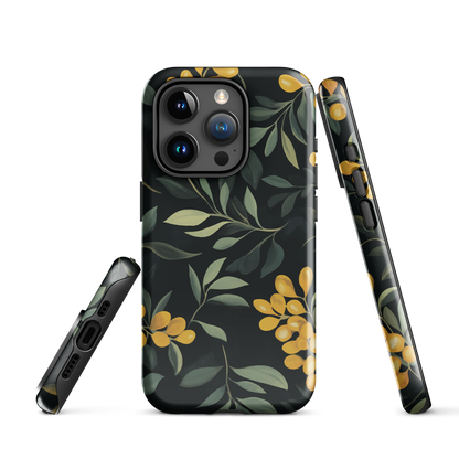 NZ Kowhai phone case with native yellow floral and green leaves on black background by designer Ben Hart.