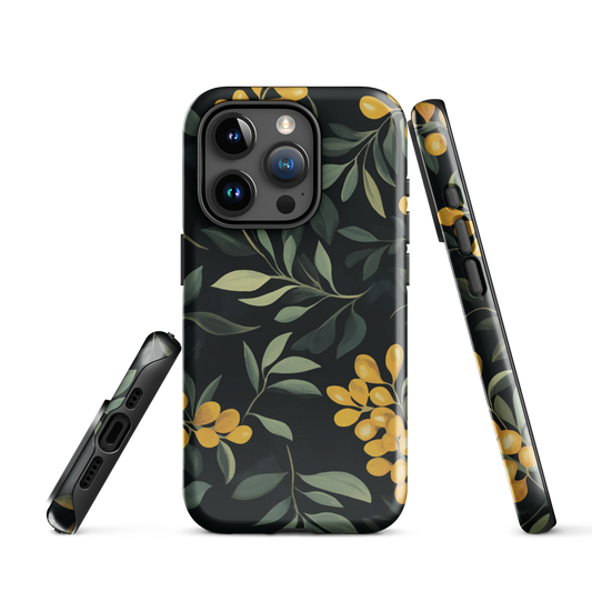 NZ Kowhai phone case with native yellow floral and green leaves on black background by designer Ben Hart.