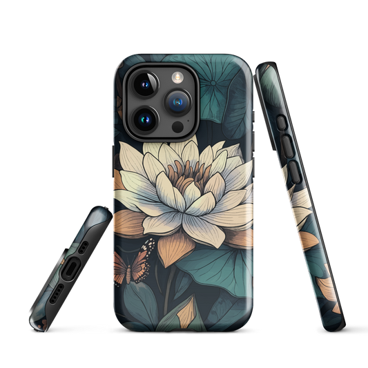 Phone case with ivory water lily, green leaves, and butterfly accents on dark background