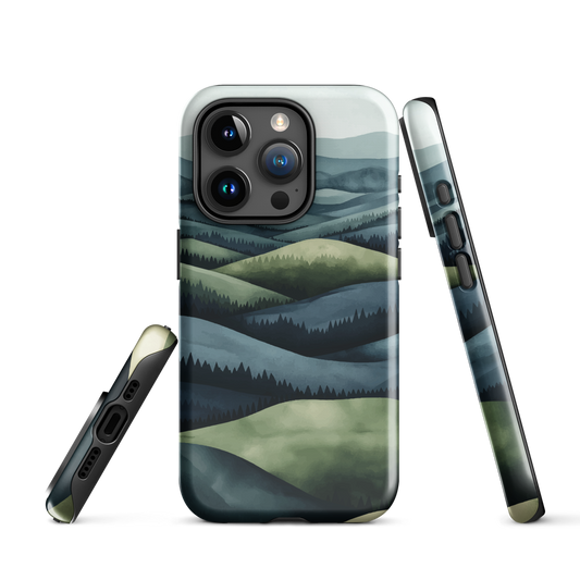 Phone case with layered mountain and forest landscape in blue and green hues