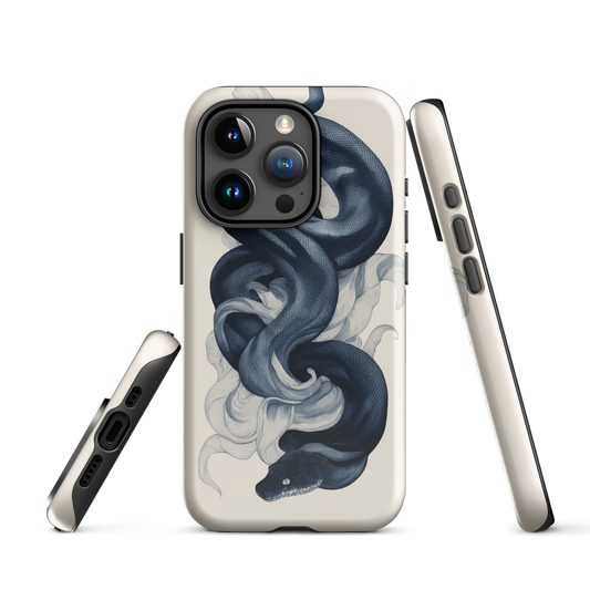 Phone case with black python and smoke design on cream background