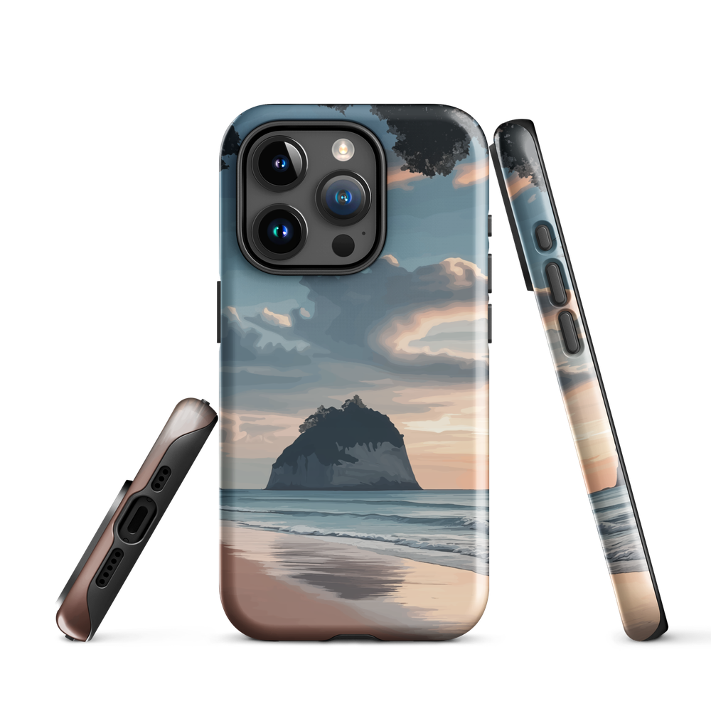 Phone case with Cathedral Cove beach and sunset scene, featuring soft skies and sea stack