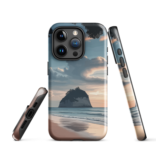 Phone case with Cathedral Cove beach and sunset scene, featuring soft skies and sea stack