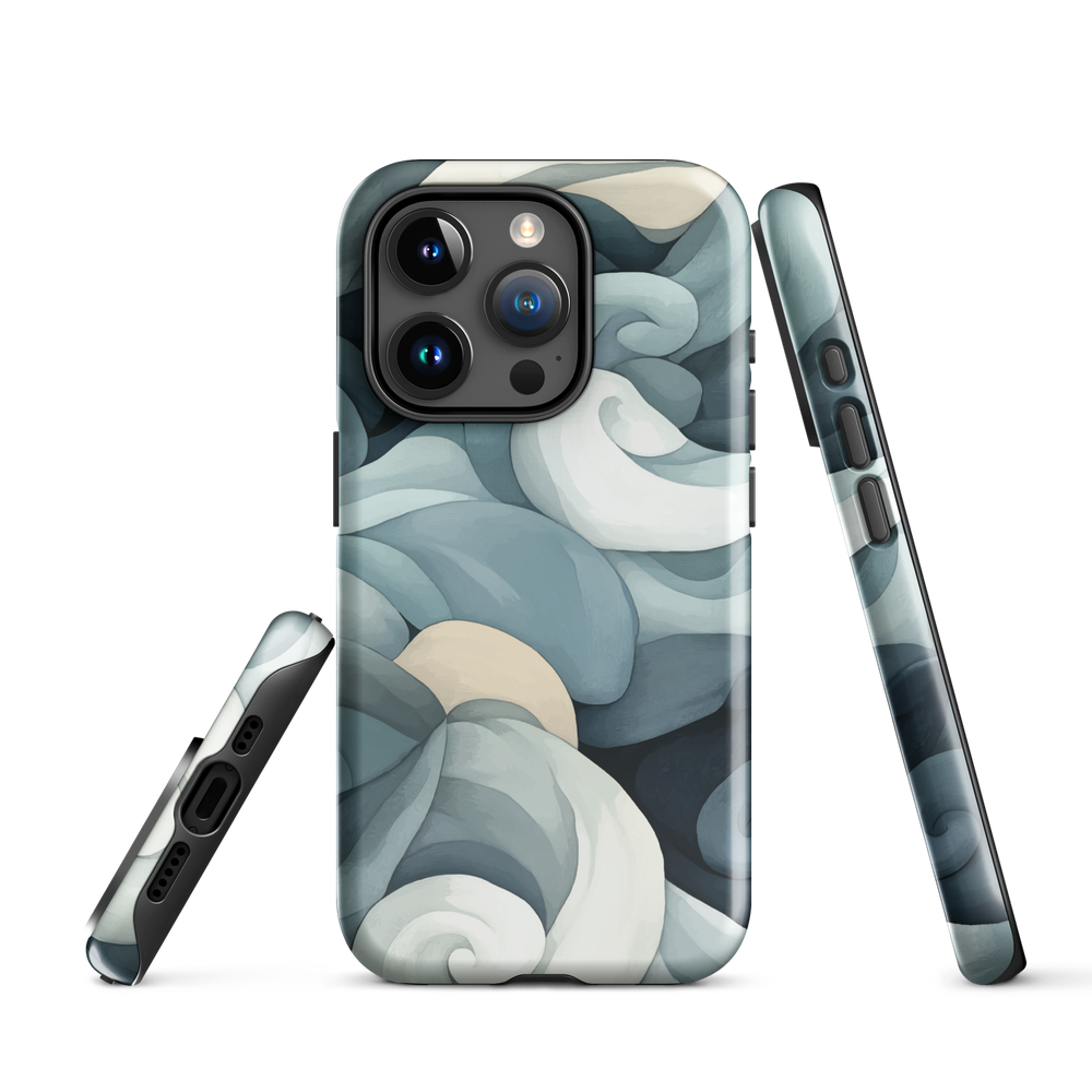 Phone case with abstract swirling ocean waves in blue and cream