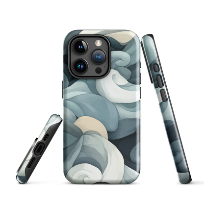 Phone case with abstract swirling ocean waves in blue and cream