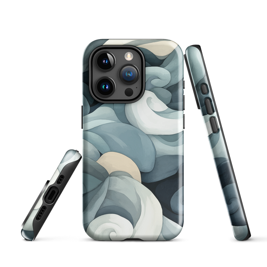 Phone case with abstract swirling ocean waves in blue and cream