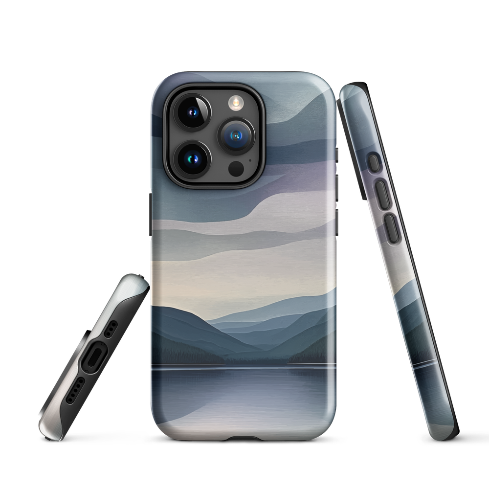 Phone case with moody blue and purple layered mountain and lake landscape artwork