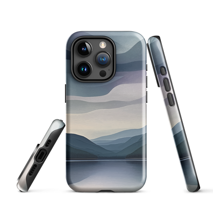Phone case with moody blue and purple layered mountain and lake landscape artwork