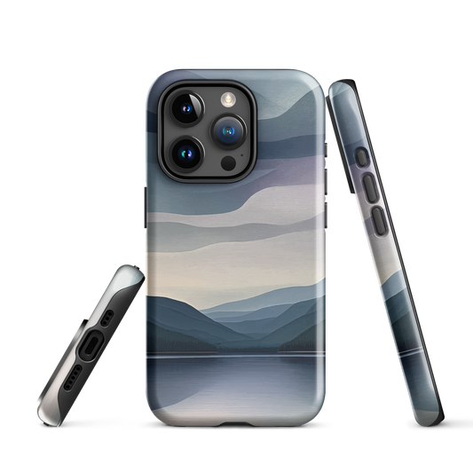 Phone case with moody blue and purple layered mountain and lake landscape artwork