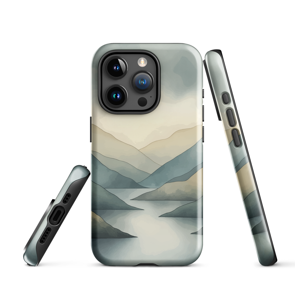 Phone case with soft mountain and valley design in misty green, blue, and golden tones