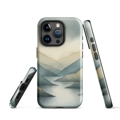 Phone case with soft mountain and valley design in misty green, blue, and golden tones
