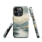 Phone case with soft mountain and valley design in misty green, blue, and golden tones