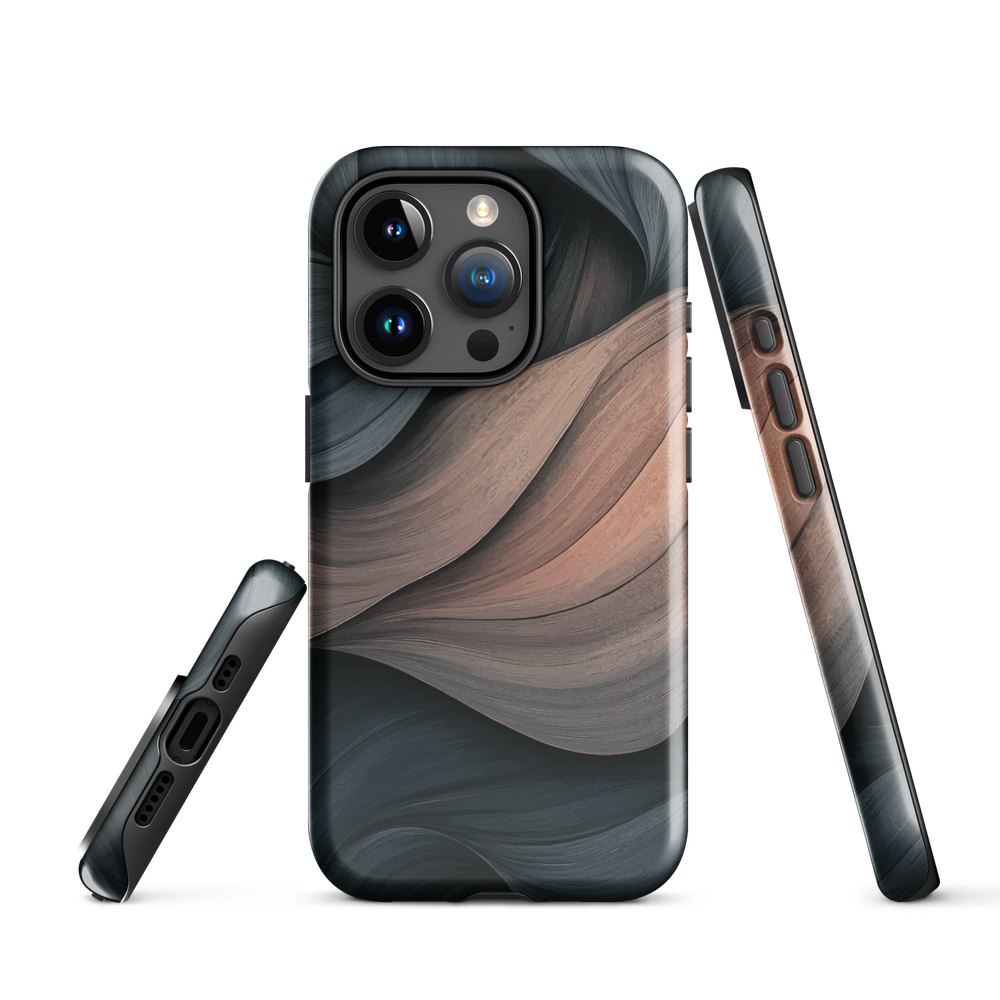 Phone case with flowing abstract design in black, copper and charcoal tones, inspired by dusk shadows