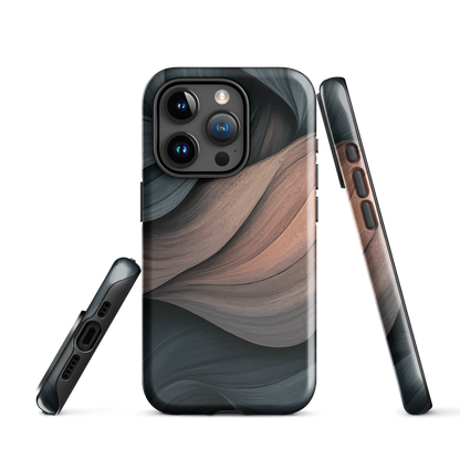 Phone case with flowing abstract design in black, copper and charcoal tones, inspired by dusk shadows