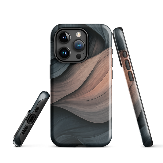 Phone case with flowing abstract design in black, copper and charcoal tones, inspired by dusk shadows