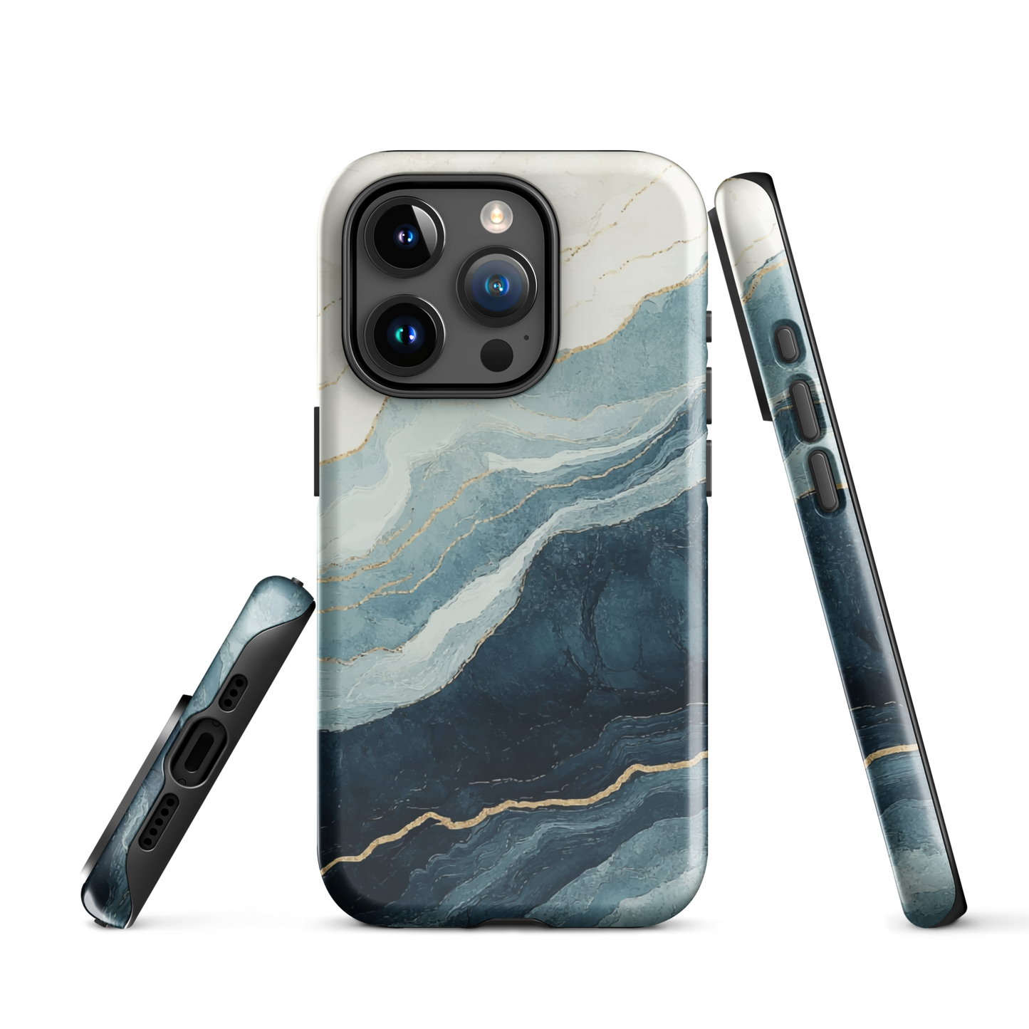 An elegant abstract phone case inspired by layered coastal forms in blue and teal tones.