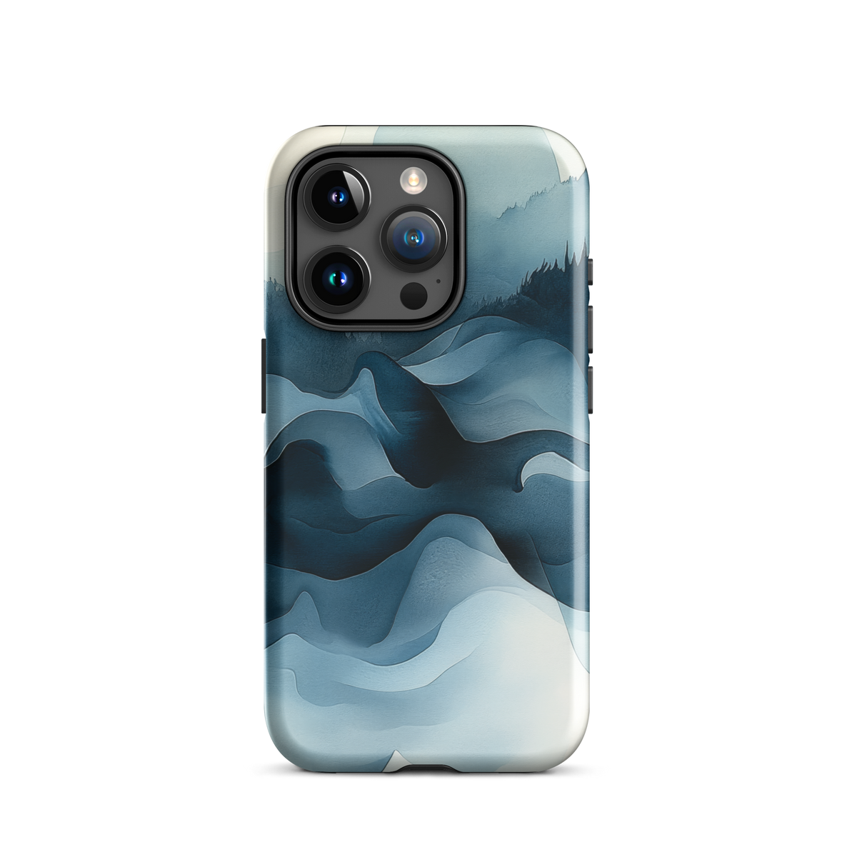 A calming abstract landscape protective phone case inspired by quiet valleys and soft blue tones.