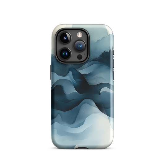 A calming abstract landscape protective phone case inspired by quiet valleys and soft blue tones.