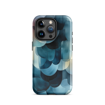 A modern abstract phone case featuring layered blue forms and soft flowing shapes.