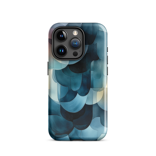 A modern abstract phone case featuring layered blue forms and soft flowing shapes.