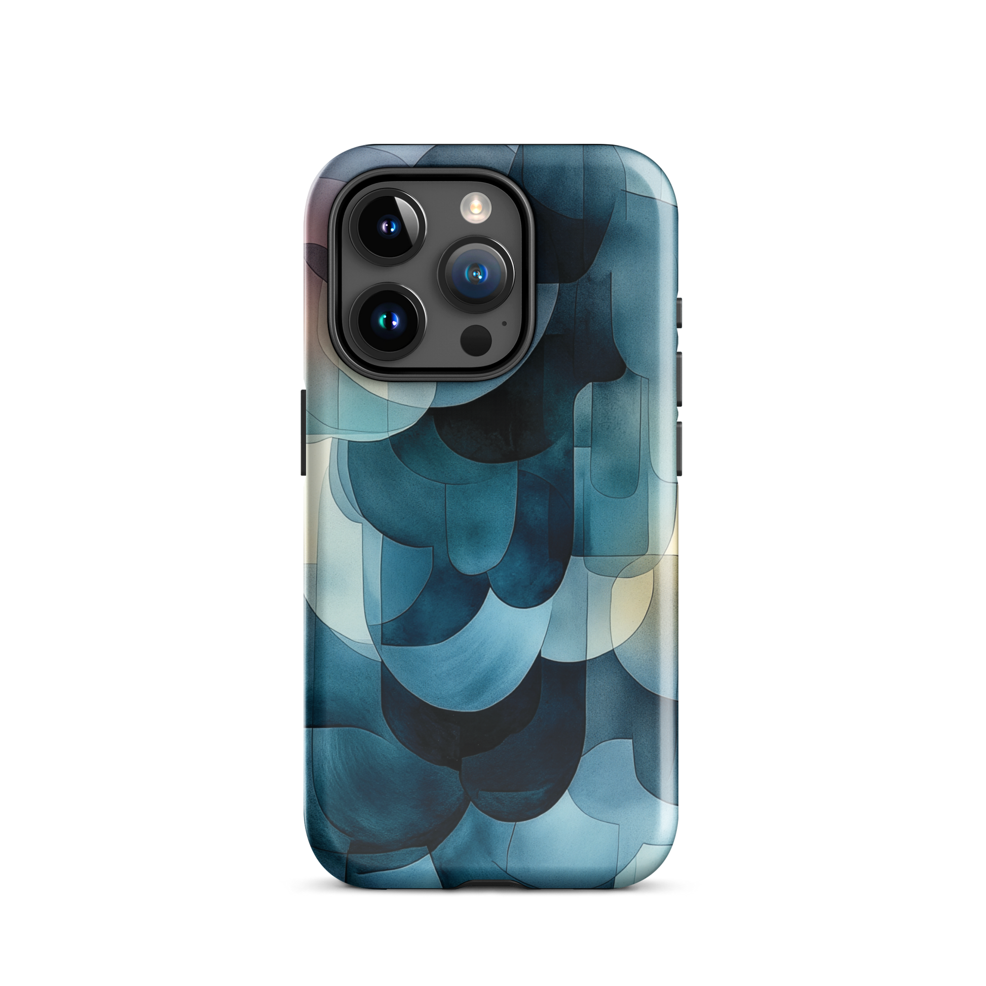 A modern abstract phone case featuring layered blue forms and soft flowing shapes.