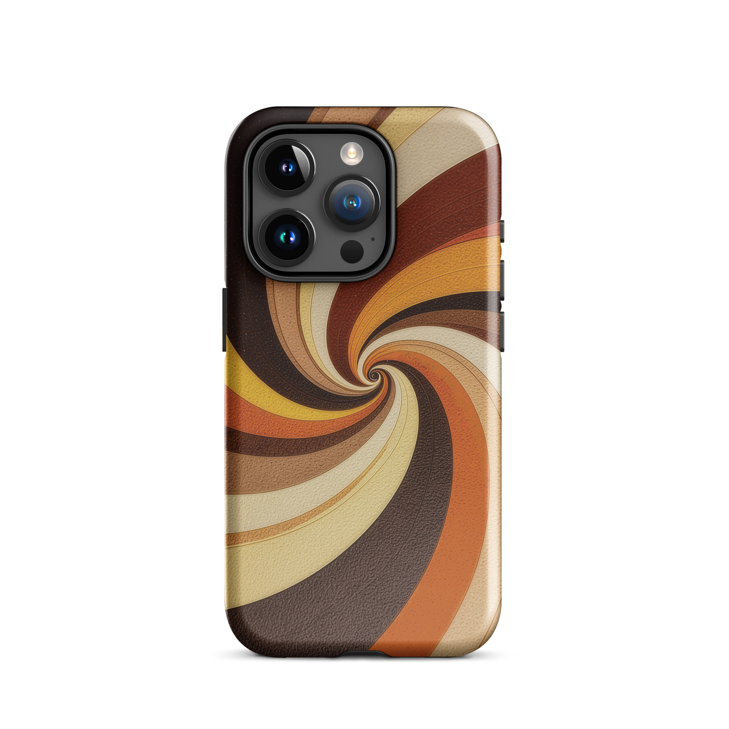 A retro-inspired phone case featuring warm swirling patterns in orange, yellow, and brown tones.