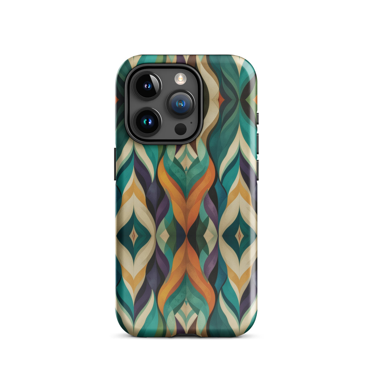 A bold geometric phone case featuring layered shapes in rich, earthy tones.