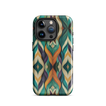 A bold geometric phone case featuring layered shapes in rich, earthy tones.