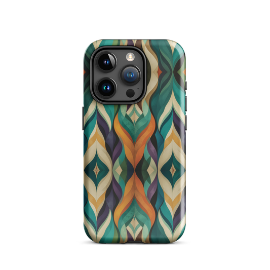 A bold geometric phone case featuring layered shapes in rich, earthy tones.