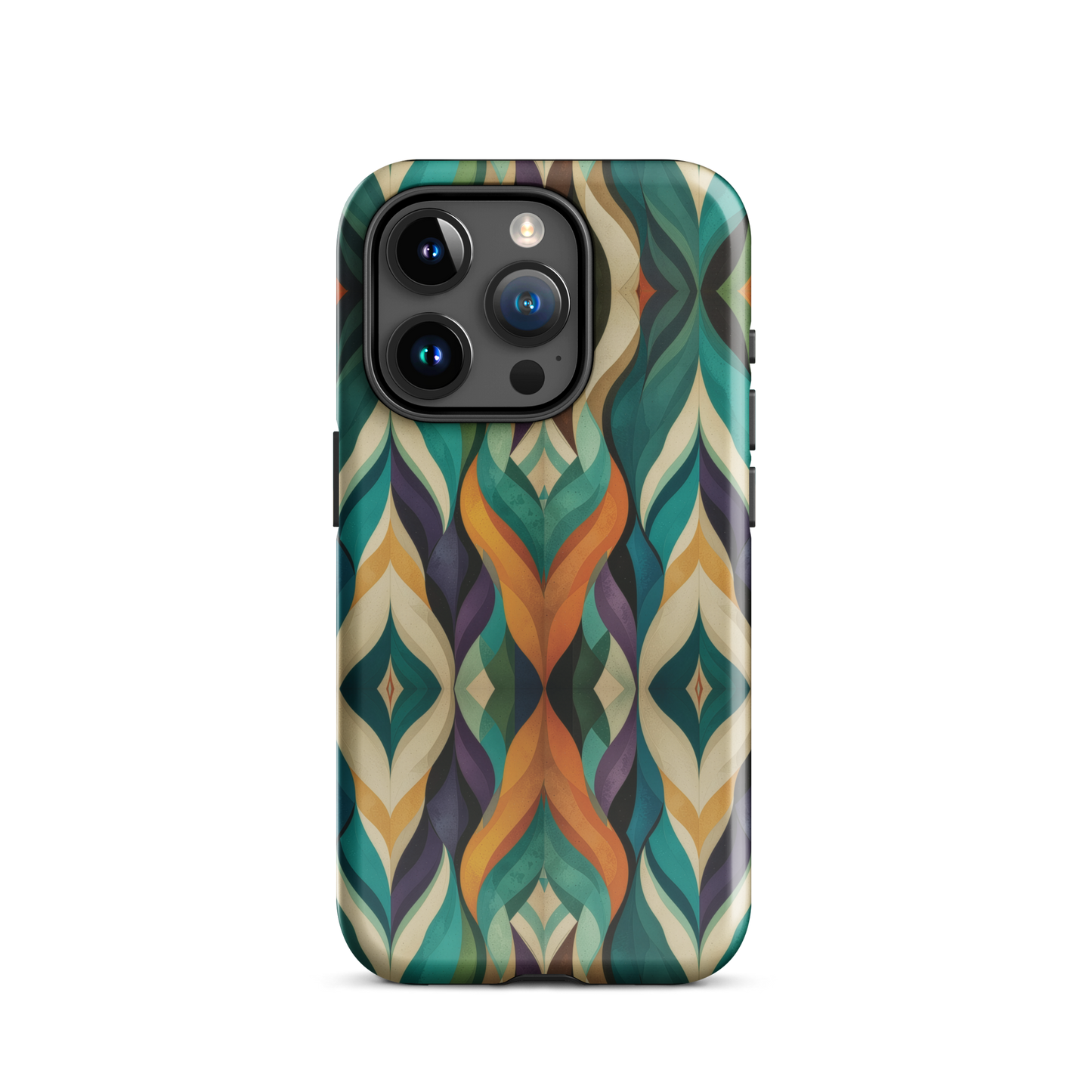 A bold geometric phone case featuring layered shapes in rich, earthy tones.