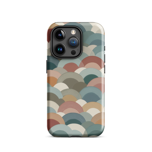 A soft retro-inspired phone case featuring layered arc shapes in warm, earthy tones.