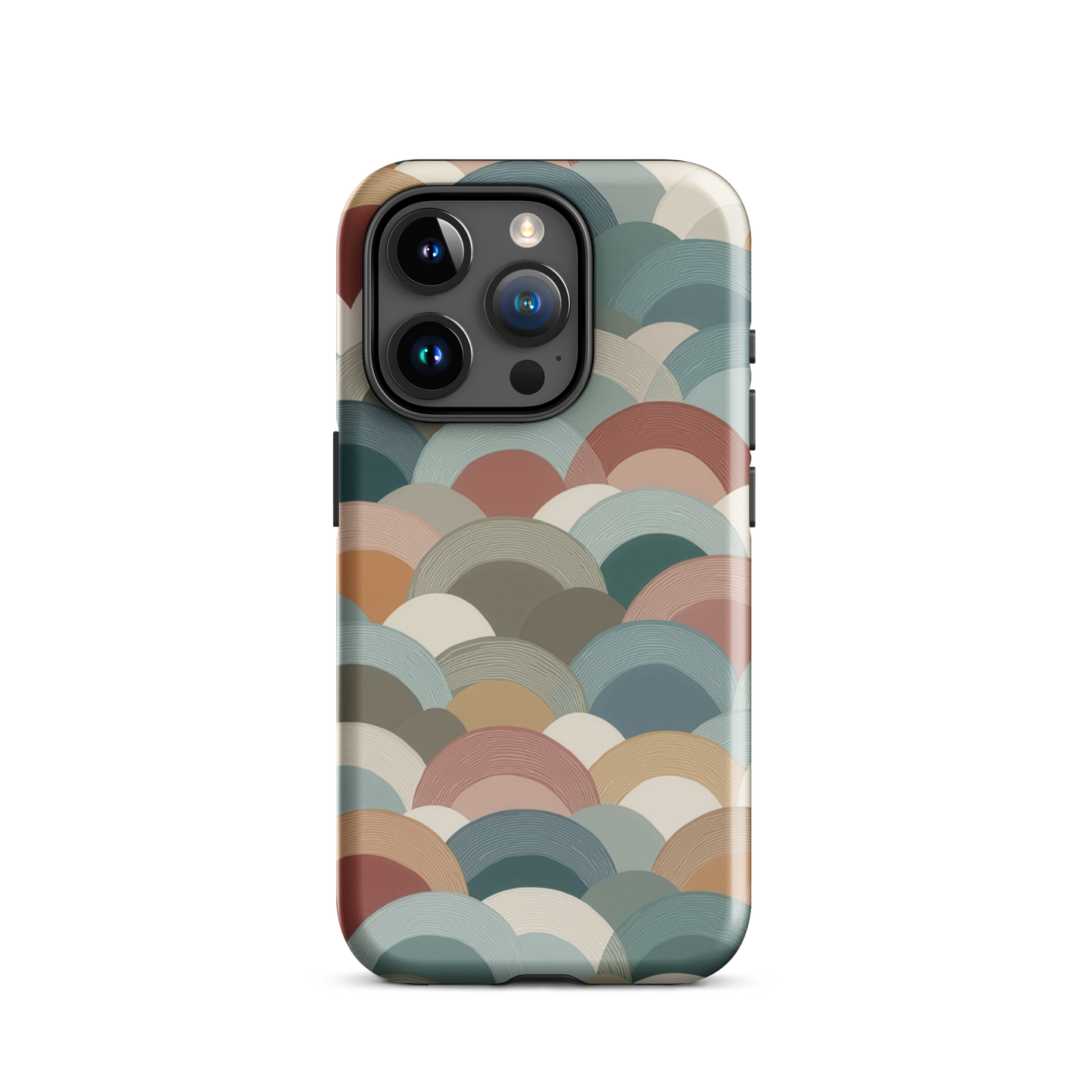 A soft retro-inspired phone case featuring layered arc shapes in warm, earthy tones.