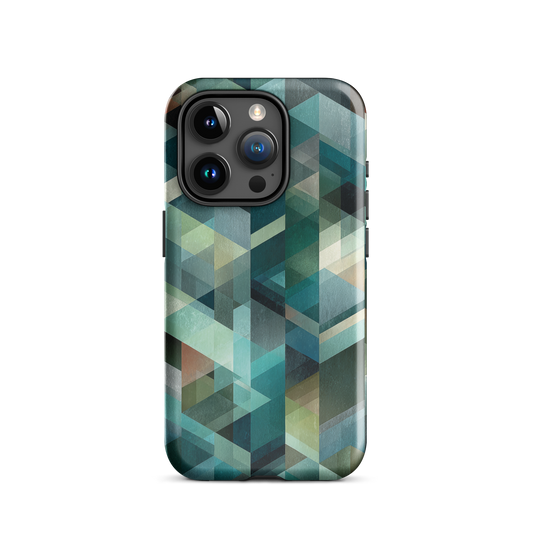 Modern abstract geometric phone case in teal and blue tones with layered retro-inspired shapes.