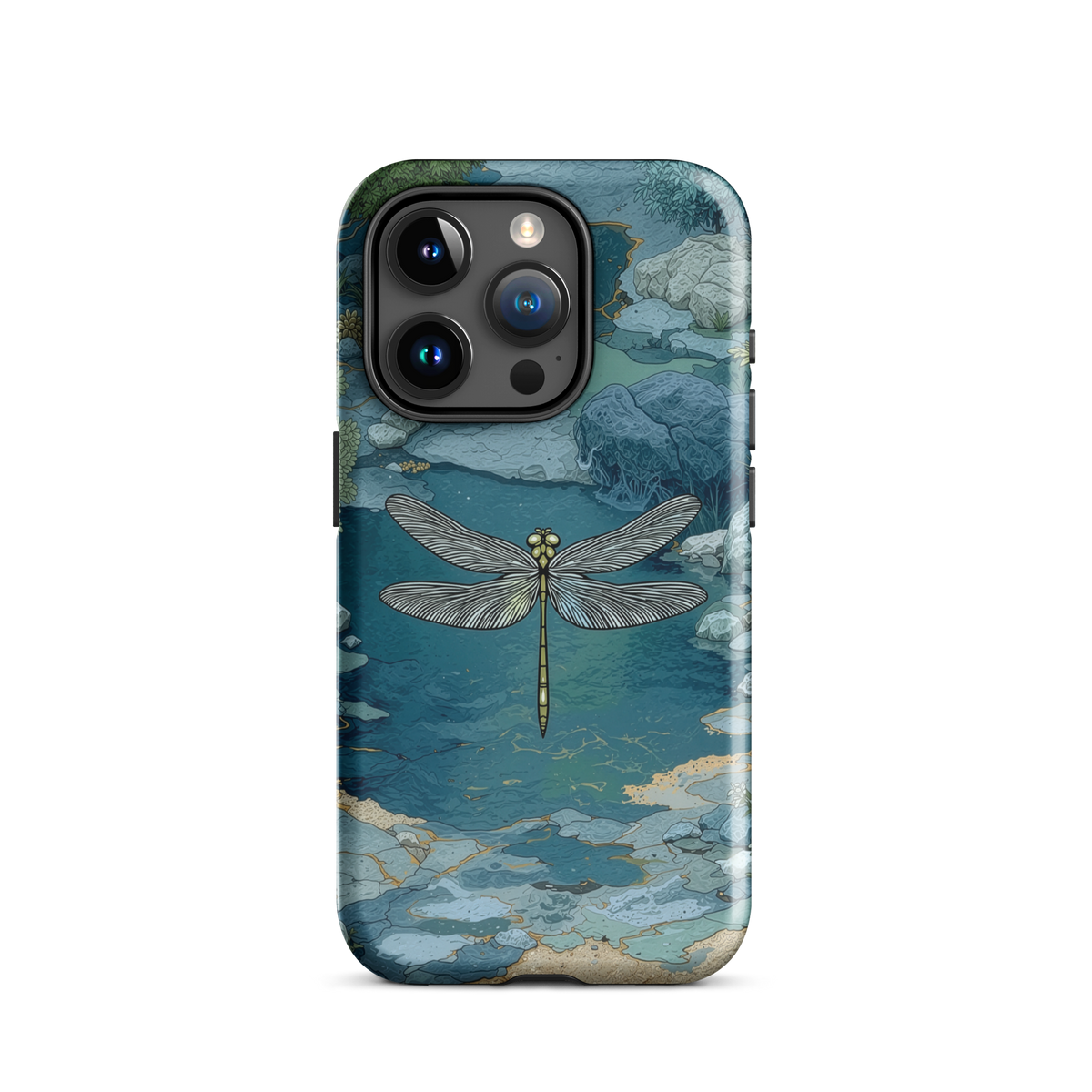 Nature-inspired phone case featuring a dragonfly over calm water with blue and green forest tones.