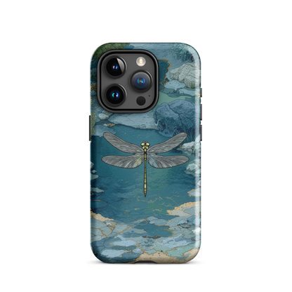 Nature-inspired phone case featuring a dragonfly over calm water with blue and green forest tones.