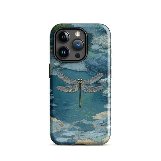 Nature-inspired phone case featuring a dragonfly over calm water with blue and green forest tones.
