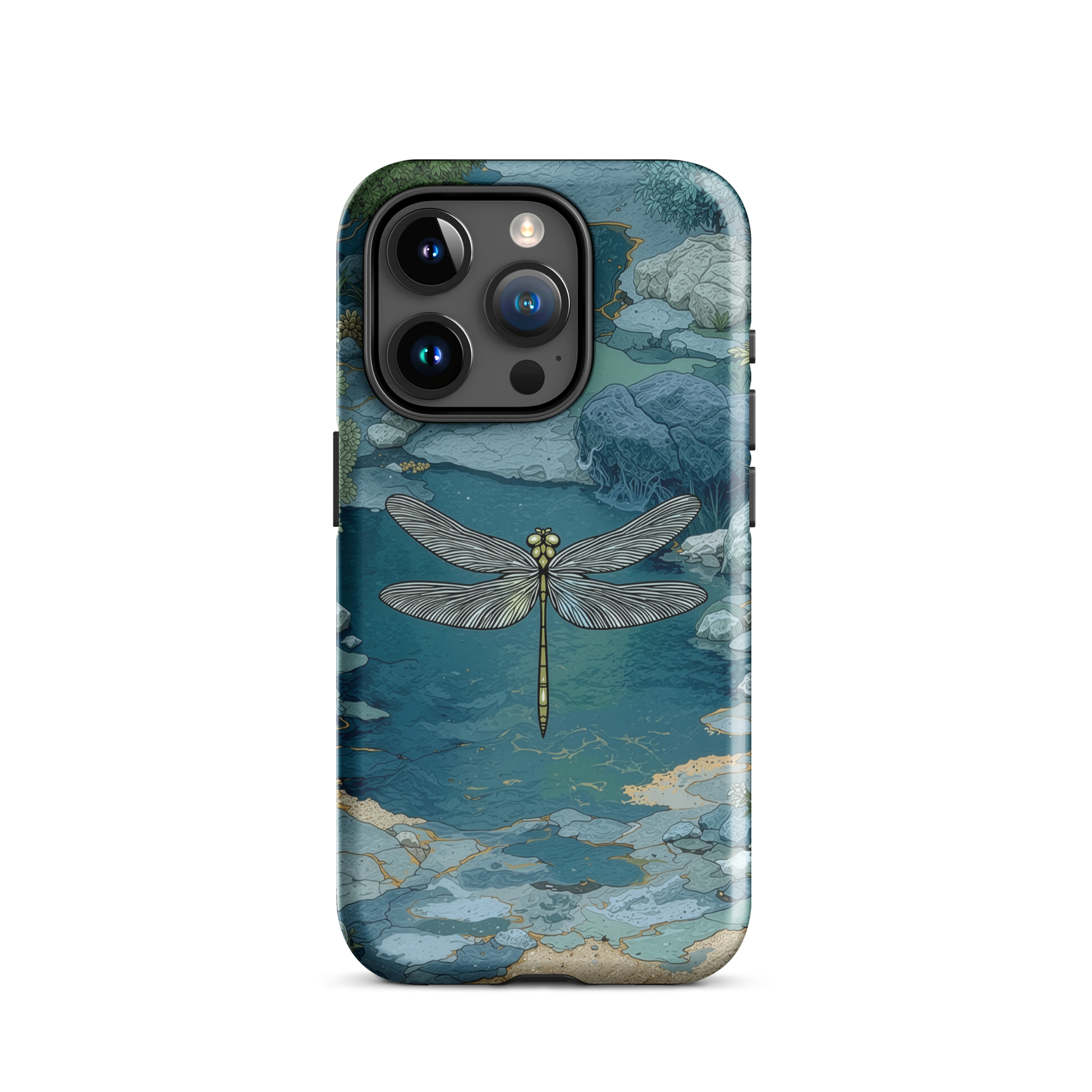 Nature-inspired phone case featuring a dragonfly over calm water with blue and green forest tones.