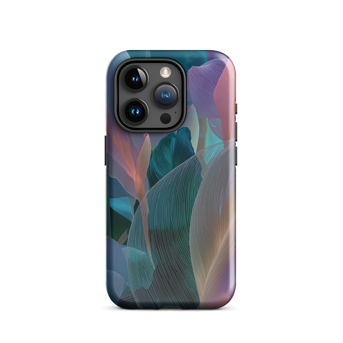 Abstract pastel botanical designer phone case in pink, lilac and teal tones with soft flowing floral textures