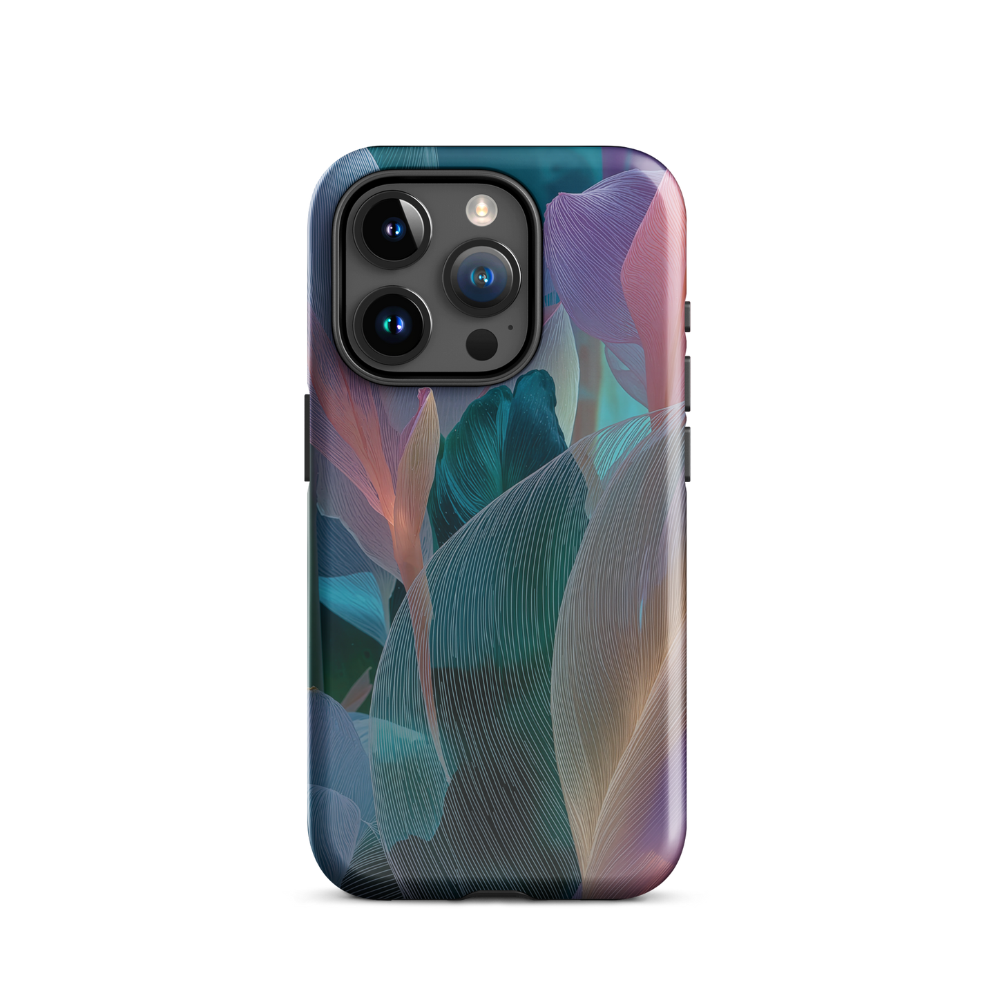 Abstract pastel botanical designer phone case in pink, lilac and teal tones with soft flowing floral textures