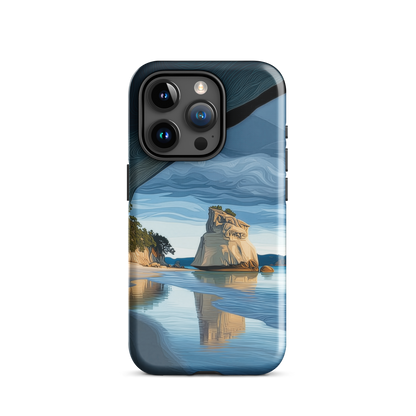 Artistic Cathedral Cove coastal designer phone case with arch rock, blue ocean and golden cliffs