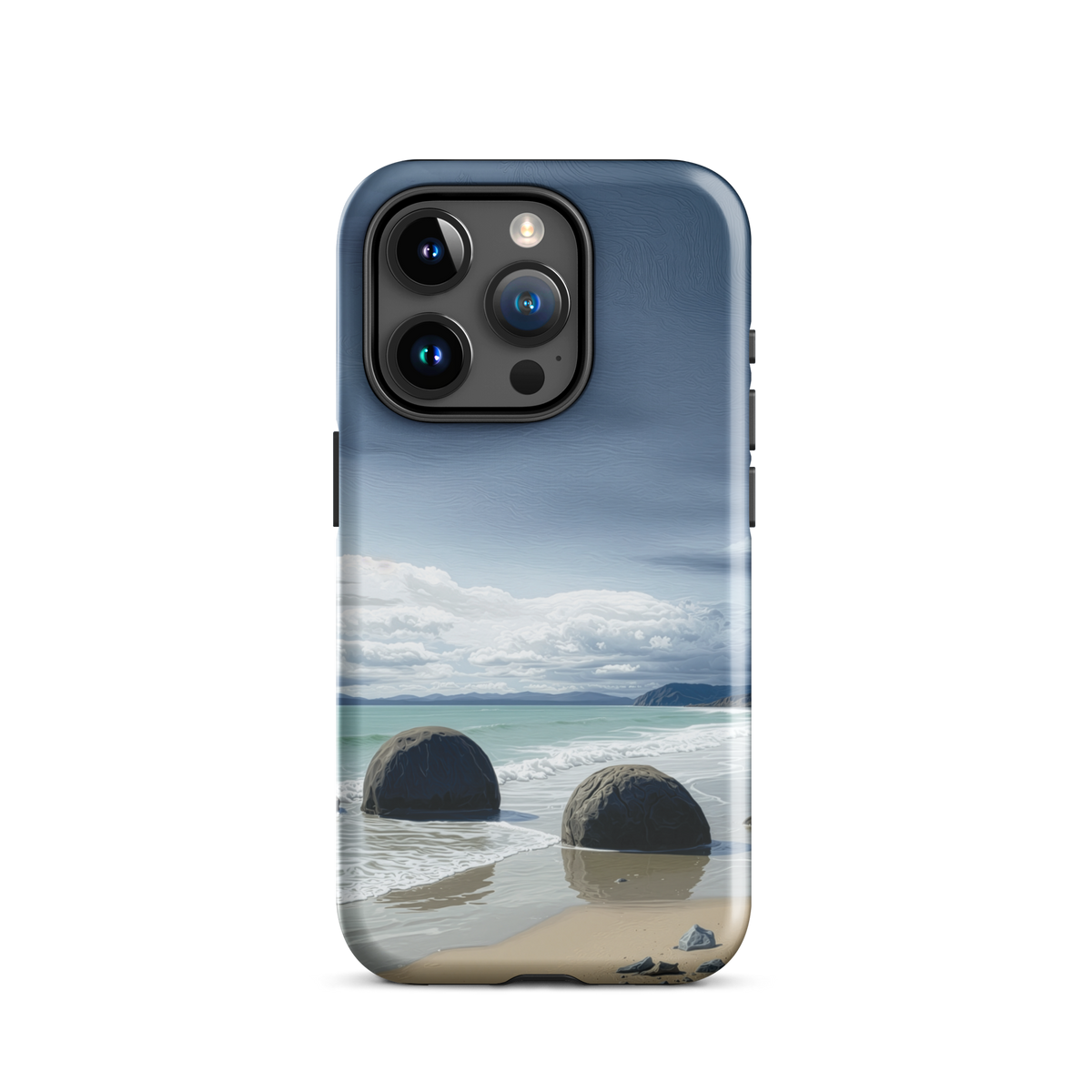 Moeraki Boulders coastal designer phone case with ocean waves and dramatic NZ sky