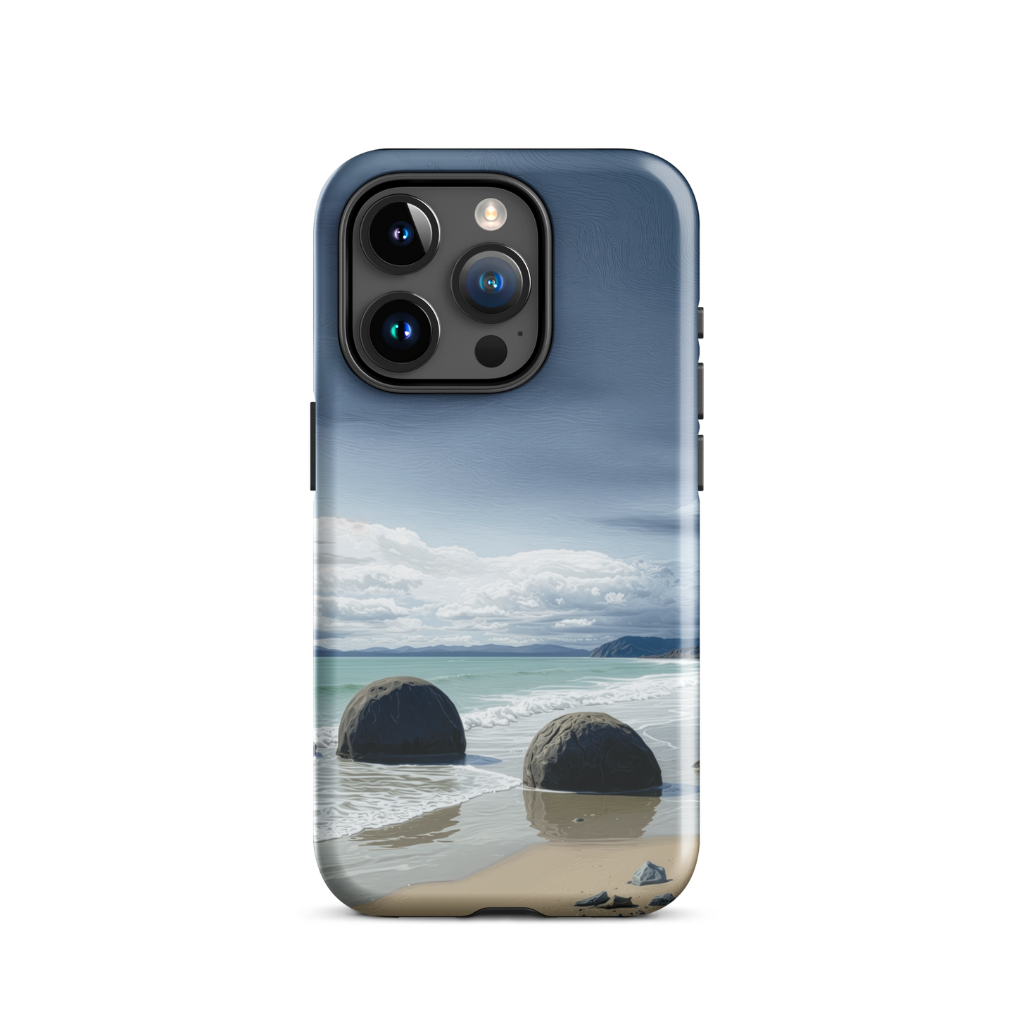 Moeraki Boulders coastal designer phone case with ocean waves and dramatic NZ sky