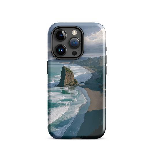 Piha Beach Lion Rock designer phone case with turquoise waves and dramatic NZ coastline