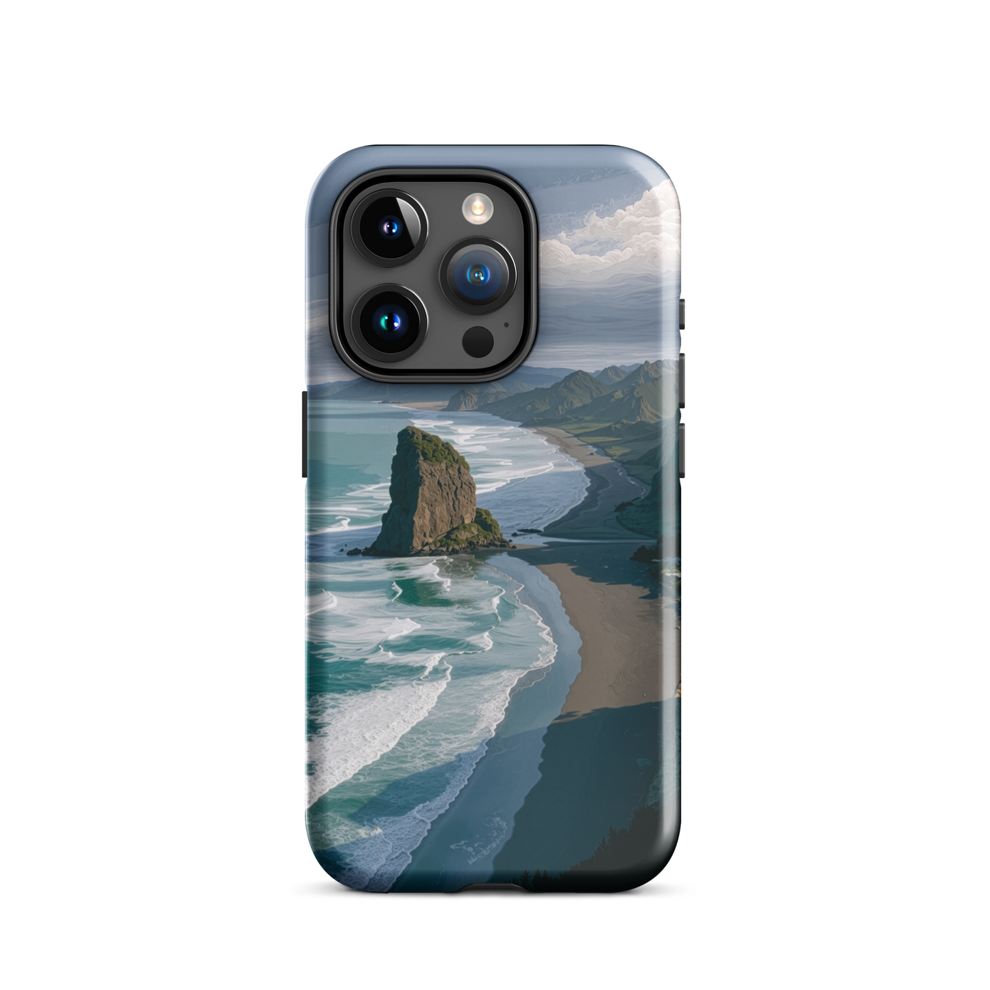 Piha Beach Lion Rock designer phone case with turquoise waves and dramatic NZ coastline