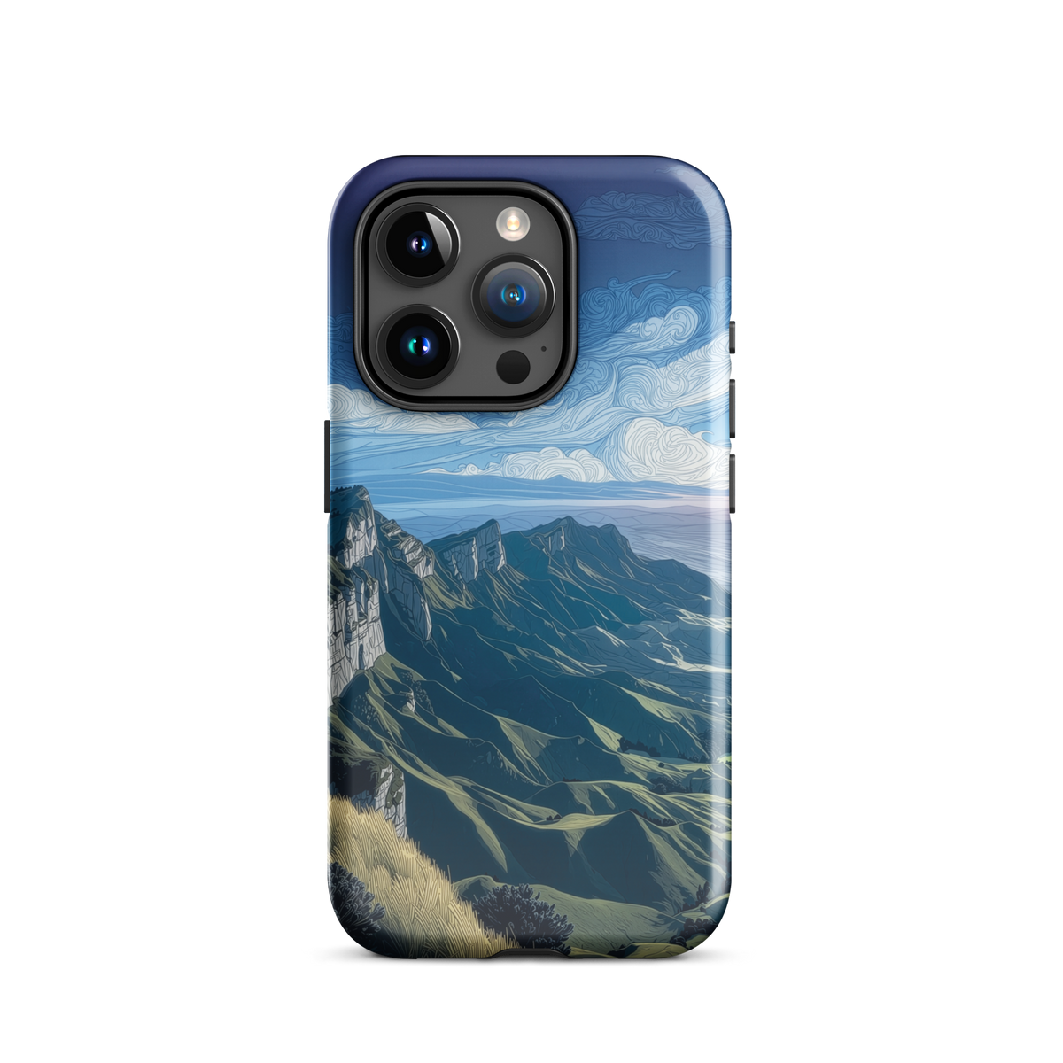 Te Mata Peak designer phone case with Hawke’s Bay cliffs, rolling green hills and dramatic swirling sky